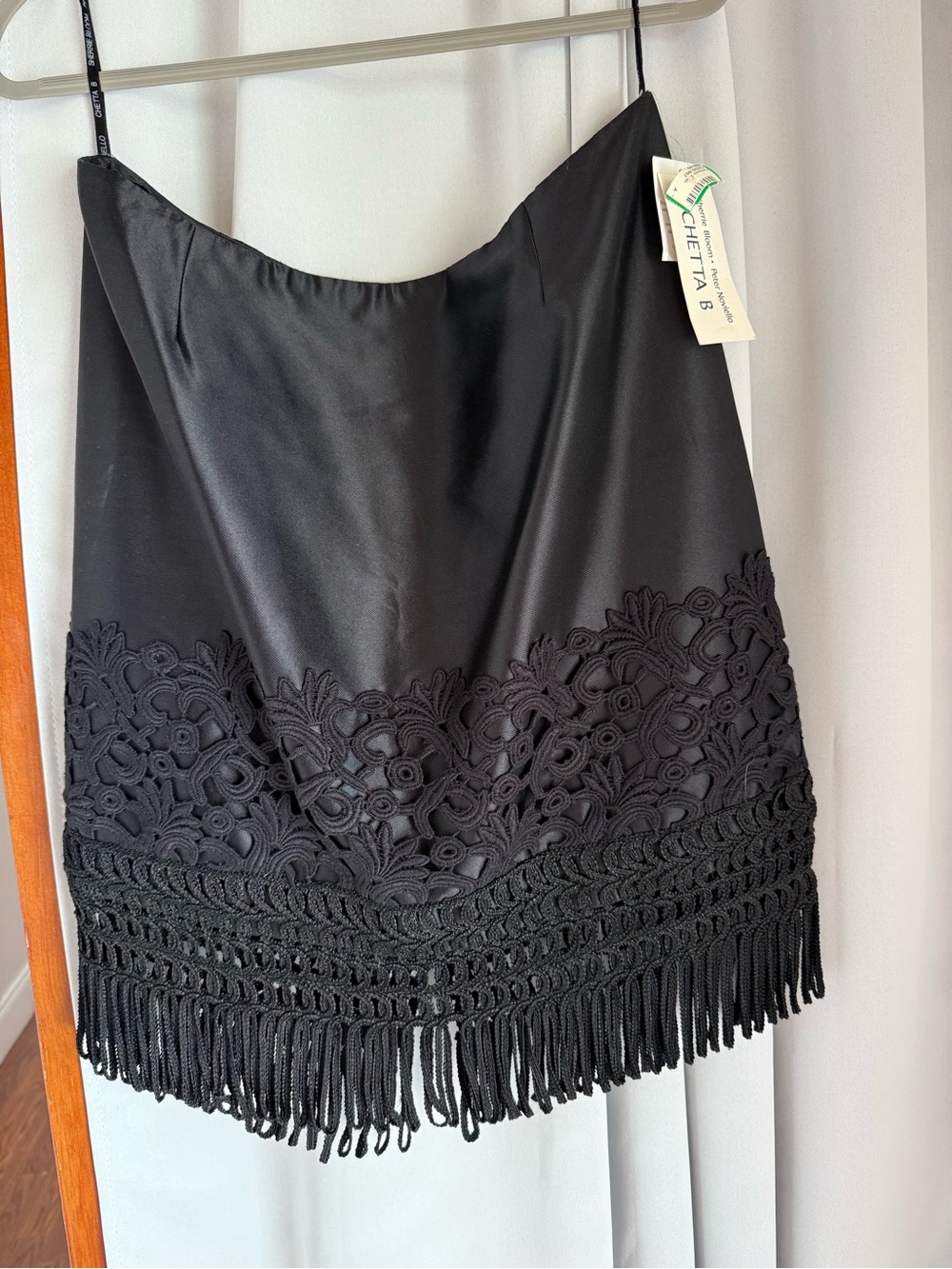 NWT Vintage Black Satin Mini Skirt with Crochet Lace and Fringe